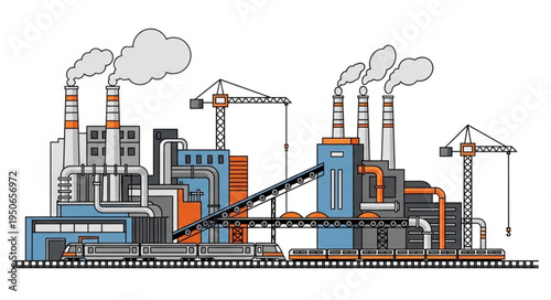 Industrial factory complex with smoking chimneys and cranes.