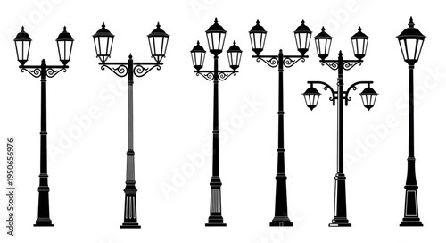 Collection of vintage street lamp silhouettes on white background.