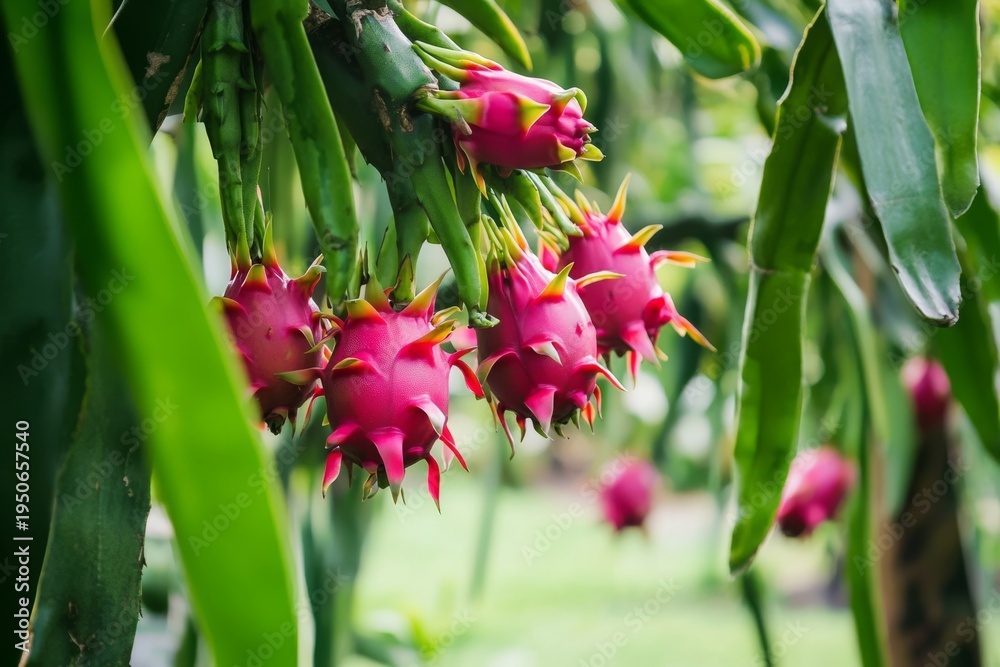 Obraz premium Dragon fruit growing on tree surrounded by leaves in a garden setting with blurred background