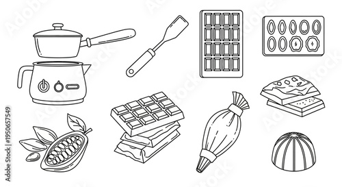 Hand-drawn collection of chocolate making and dessert items including cocoa pod, bars, wafers and pot on stove.