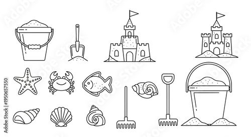 Simple black and white doodles of beach toys and shoreline items for leisure and travel.