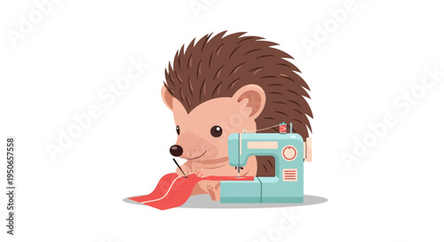 Cute hedgehog operating a small sewing machine with colorful fabric in a playful craft scene.