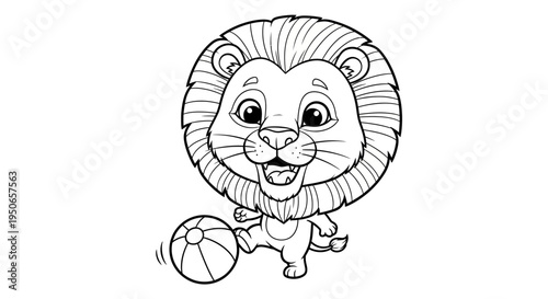 Playful cartoon lion with a ball; cheerful mascot character for kids illustration.