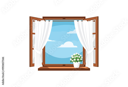 Charming wooden window frame opened wide revealing a bright blue sky with fluffy white clouds and a small potted flower decoration on the sill on transparent background