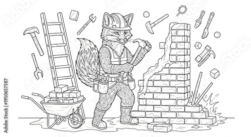 Cartoon Construction Worker Building a Brick Wall with Tools and Ladder.