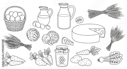 Assorted fresh groceries featuring fruits, vegetables, dairy, bread and cheese assortment.