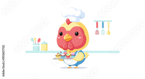 Cheerful cartoon chicken chef cooking in a bright kitchen with utensils and food.