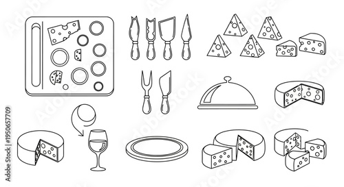 Assorted cheese, bread, fruit, and utensils arranged on a platter with a cutting board and wine in a line drawing.