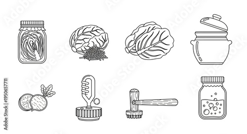 Collection of science and herbal icon illustrations featuring jars, brain, leaves, mortar and pestle, and medicine containers.
