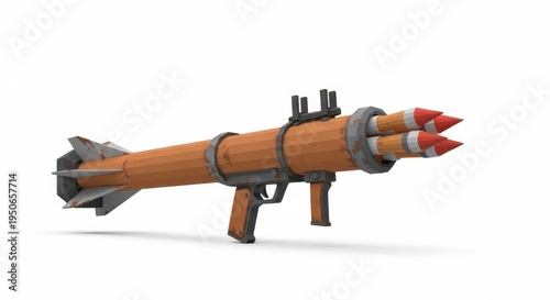 Rustic bazooka style rocket launcher with triple missile design on white background
