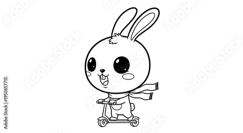 Cute cartoon rabbit skateboarding in playful illustration style with cheerful expression.