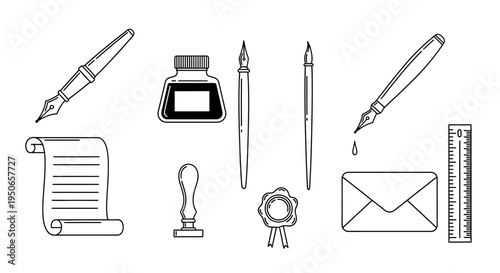 Collection of handwritten stationery and office supplies icons for design and illustration.