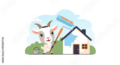Whimsical Illustration of a Goat by a Farmhouse in a Sunny Countryside Scene.
