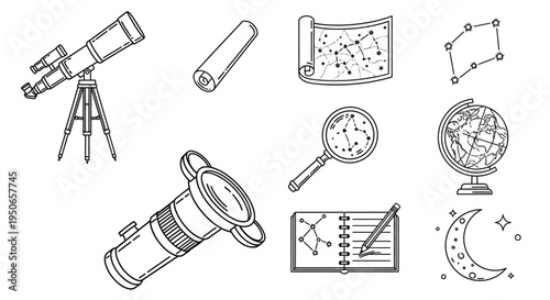 Collection of exploration and navigation tools including telescope, globe, map, compass, and magnifying glass sketches.