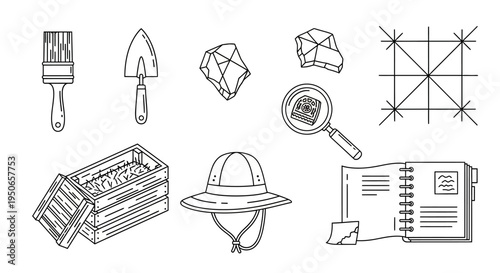 Collection of hand drawn doodle sketches featuring tools, props, and everyday objects in monochrome line art.