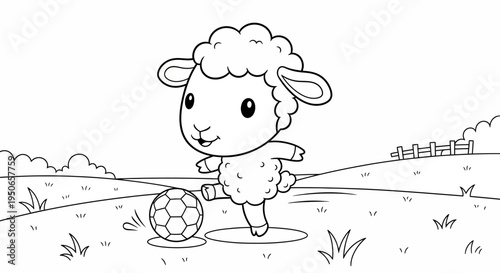 Playful illustrated sheep kicking a soccer ball on a sunny pasture scene.