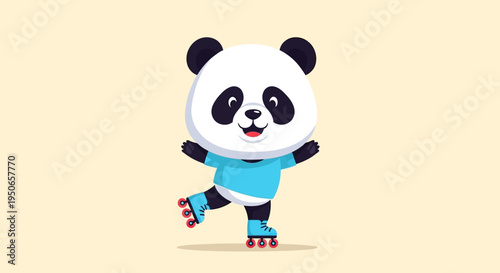 Playful cartoon panda ice skating in bright colors with a scarf and winter outfit.