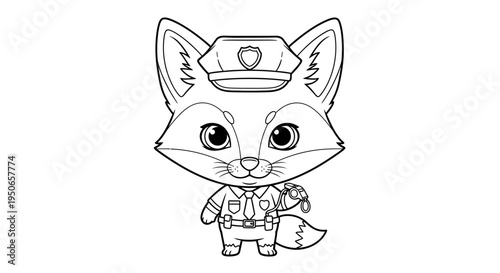 Playful cartoon fox wearing a miner hat and vest, illustrated in a charming lineart style.