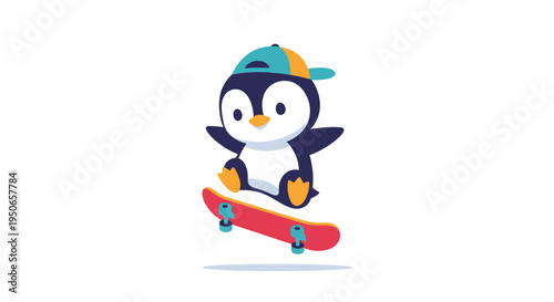 Playful penguin riding a skateboard in a vibrant cartoon illustration.