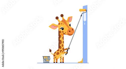 Playful cartoon giraffe cleans a tall window with soap, bubbles, and a bucket.