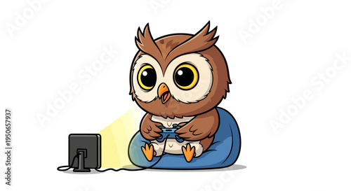 Playful Cartoon Owl at a Desk Using a Computer, Creating a Cozy Nighttime Study Scene.