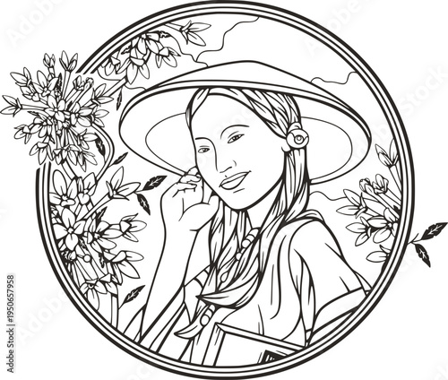 Beautiful Chinese woman portrait with floral decor, vector series. Young female in natural background. Art deco girl. Great for art projects, beauty, fashion and wedding designs, coloring booklets.