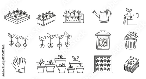 Collection of hand-drawn doodle icons including cakes, cups, teapots, plants, and home decor elements.