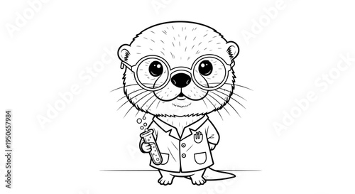 Playful cartoon otter in a lab coat with glasses holding a notebook.
