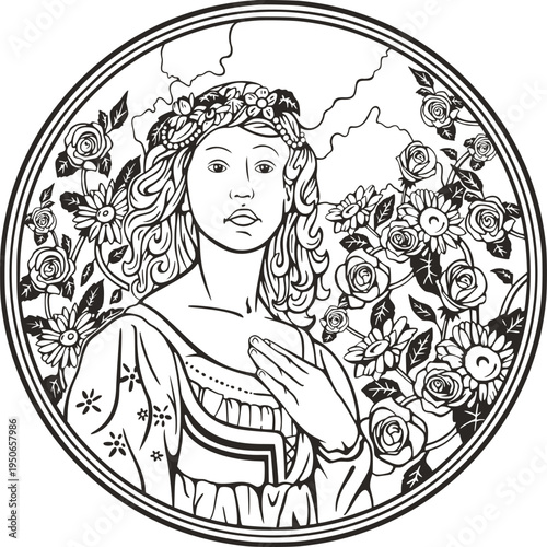 Beautiful woman portrait with flowers, vector series. Elegant young female in natural background. Art deco girls series. Great for art projects, beauty, fashion and wedding designs, coloring booklets.