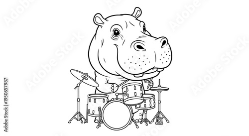Playful Hippopotamus Drummer Performing on a Cartoon Drum Kit.