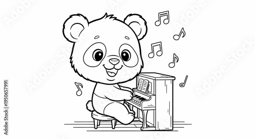 Cute bear playing piano with musical notes in a whimsical illustration scene.