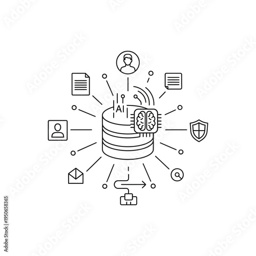 Centralized database with AI brain and surrounding icons representing data, security, and user profiles, illustrating data management and artificial intelligence integration.