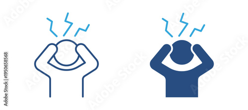 Stress headache icon set. Person holding head with lightning bolts, anxiety, mental pressure and problem concept. Vector illustration.