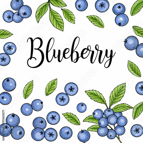 Watercolor blueberries and leaves arranged in a decorative floral frame