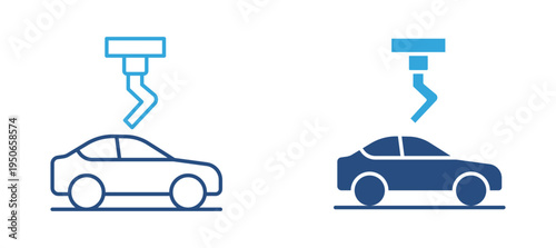 Automated car manufacturing icon set. Robotic arm assembling automobile, industrial automation, factory production and automotive industry concept. Vector illustration.