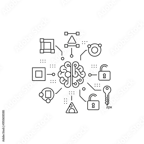 Abstract illustration of a brain connected to various geometric shapes, icons representing data, security, and technology, symbolizing artificial intelligence and digital concepts.