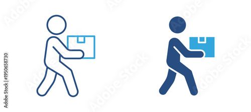 Package delivery icon set. Courier carrying parcel box, shipping service, logistics and fast delivery concept. Vector illustration.