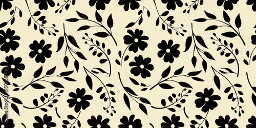 Black floral pattern on a cream colored background seamless repeat