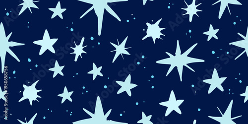 A seamless pattern of light blue stars against a dark navy background