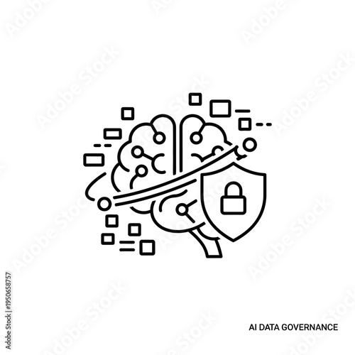 Abstract illustration of an AI brain protected by a shield with a lock, symbolizing AI data governance and security.