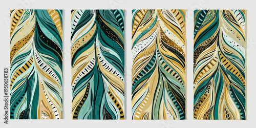 Abstract feather patterns in teal gold and white arranged in panels