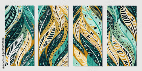 Five vertical panels showcasing abstract feather and botanical designs