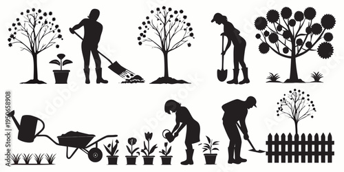 Gardening silhouettes depict various activities and elements of yard work