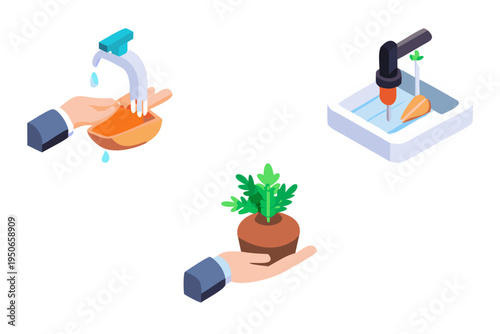 Isometric illustration depicting water conservation gardening and sustainable practices