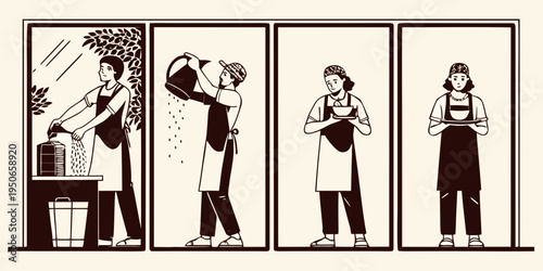 Vintage illustration depicting the process of making cheese or yogurt