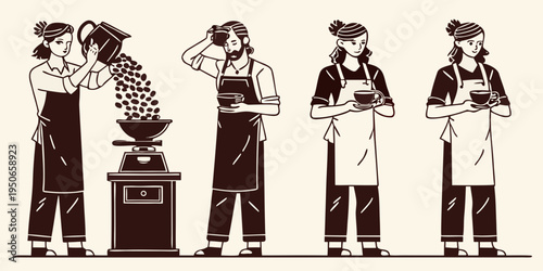 Line art illustration depicts various stages of coffee preparation and service