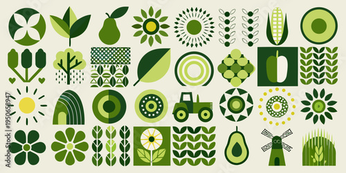 Stylized botanical illustration featuring various green fruits vegetables and farm elements