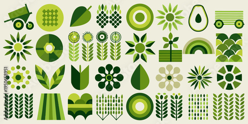 A colorful stylized pattern of various green plants and garden elements