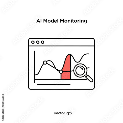 Illustration of AI model monitoring with a graph showing performance fluctuations and a magnifying glass for analysis.