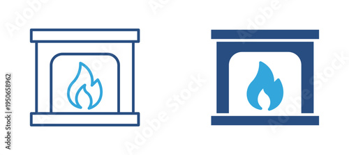 Fireplace icon set. Home heating fireplace with flame, winter warmth, interior comfort and house heating concept. Vector illustration.